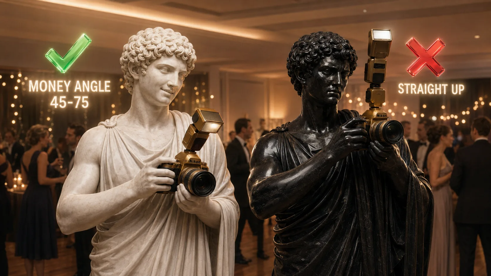 White marble twin with flash tilted at the money angle (45-75 degrees forward) vs black marble twin with flash pointed straight up causing raccoon eyes
