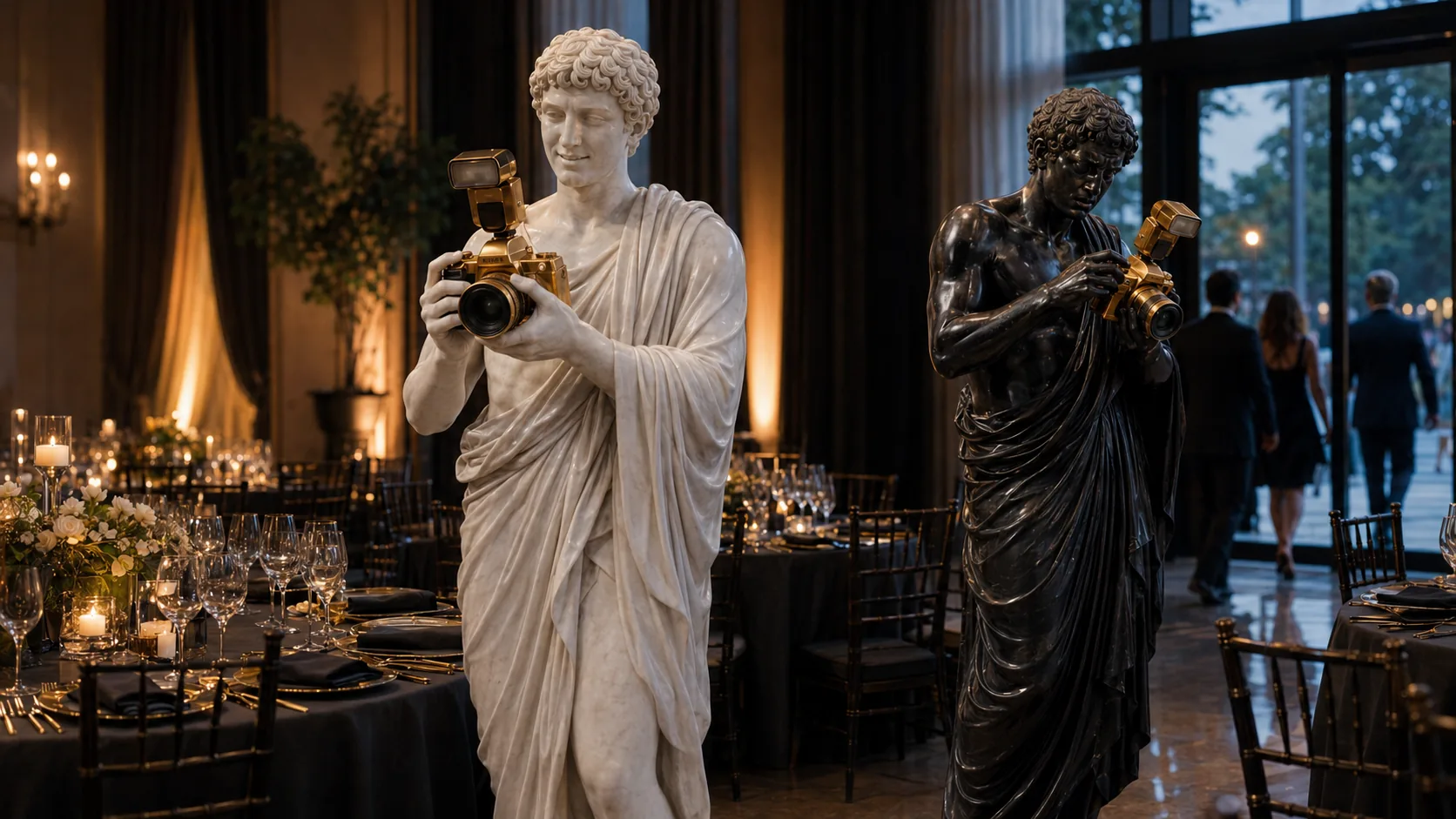 White marble twin calmly reviewing test shot vs black marble twin scrambling as guests arrive